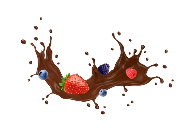 Chocolate Crema Leche Bebida Salpicadura Con Bayas Silvestres Corriente Onda — Vector de stock