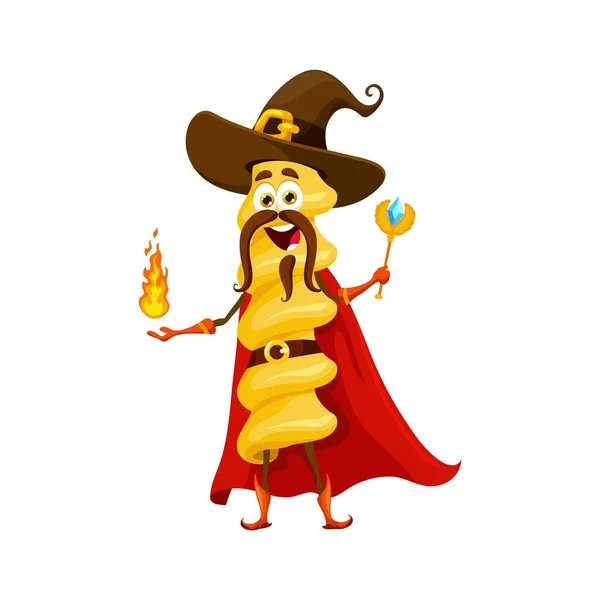 Cartoon Fusilli Halloween Pasta Wizard Witch Sorcerer Mage Character Isolated — Stock Vector