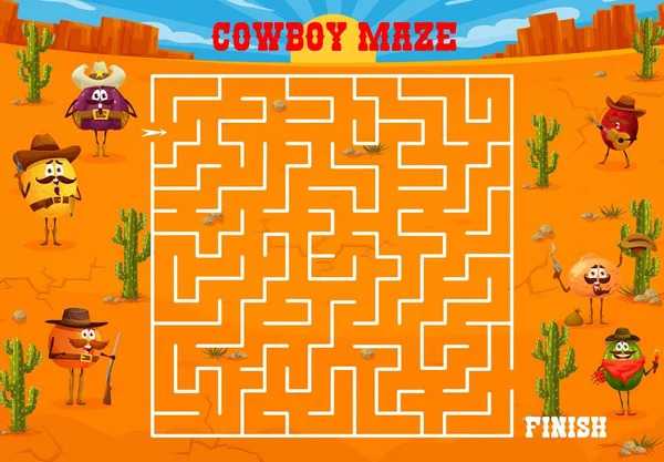 Labirinto Labirinto Ocidental Cowboy Desenhos Animados Xerife Bandido Ranger Personagens — Vetor de Stock