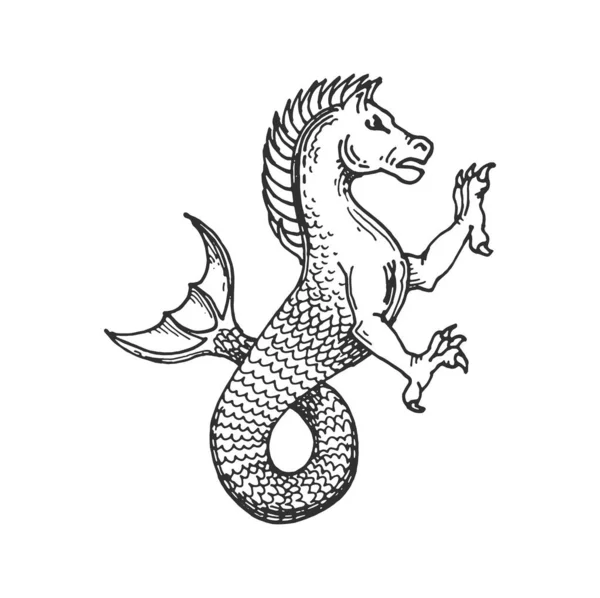 Sketsa Hewan Heraldik Abad Pertengahan Naga Kuda Dengan Ikan Atau - Stok Vektor