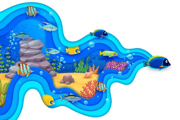 Meerespapier Geschnitten Unterwasserlandschaft Mit Tropischen Fischen Cartoon Vektor Meereslebewesen Szene — Stockvektor