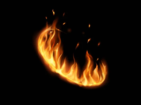 火はリングに 現実的な燃える舌および火花が付いている隔離された3Dベクトルの円形フレーム燃えます 粉砕効果のある円形の境界線 単離された黄色い激しいプラットホームか魔法のポータルの視野角の眺め — ストックベクタ