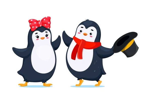 卡通可爱有趣的企鹅角色 可爱的小鸟夫妇 男孩头戴礼帽和围巾 女孩头戴蝴蝶结 离群索居的爱神人物以其滑稽的滑稽动作带来欢笑和欢乐 — 图库矢量图片