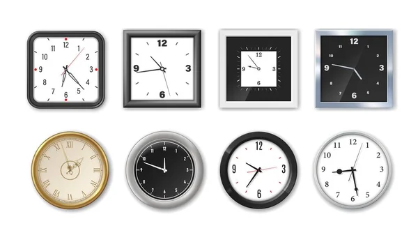 現実的な隔離された壁を数値と矢印で時計回りに見てください モダンな白と黒 丸と正方形の3Dベクトルモックアップ タイムを表示するタイムピースのフロント部分 — ストックベクタ