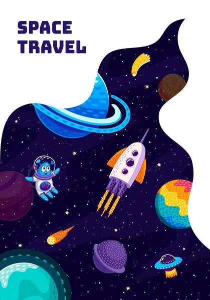 Raumfahrtplakat Cartoon Fliegende Rakete Raumschiff Und Alien Sternengalaxie Vektorhintergrund Mit — Stockvektor
