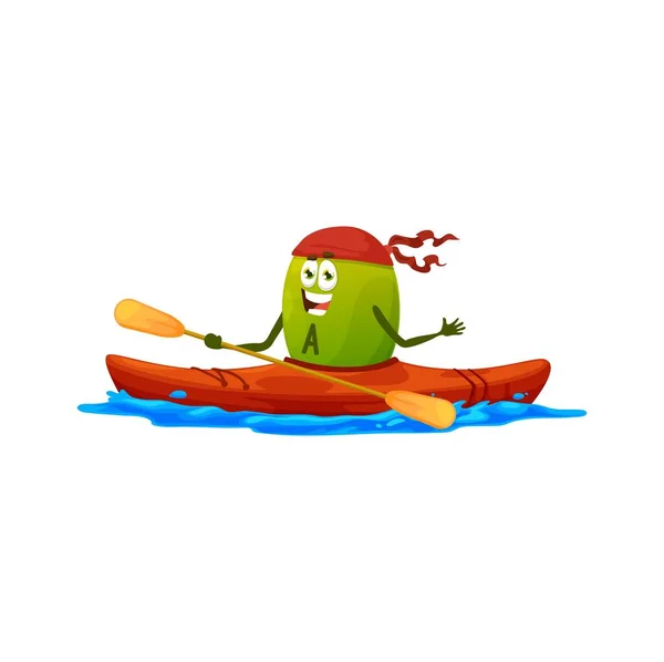 皮划艇上的卡通维生素A人物 有趣的矢量退役微营养素运动员皮划艇与桨在海上或海浪 健康人士水上运动 度假活动 — 图库矢量图片