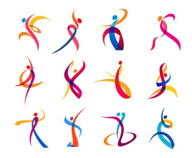 Dance movement, sport and yoga people icons, vector body silhouettes in fitness exercise. Gym, wellness studio and athletic training symbols of people body in color curve ribbon lines in sport dance clipart