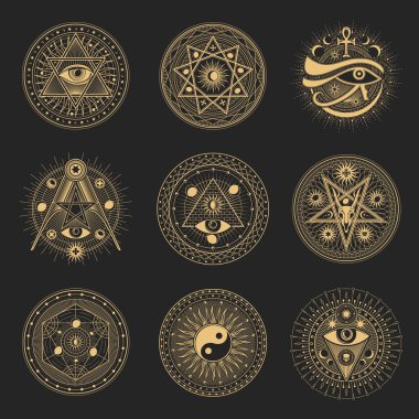Mason işaretleri, okült ve ezoterik pentagram sembolleri, Ankh ve Horus gözlü vektör sihirli tarot. Yin Yang, Baphomet şeytan kafatası ve hür mason illuminati heptagram yıldızlarıyla gizli pentagramlar.