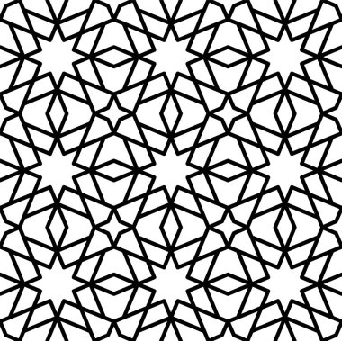 Mashrabiya Arabesk deseni. Arap mozaiğinin vektör süslemesiyle kusursuz bir İslami arka plan. Tek renkli Müslüman yıldızların soyut geometrik motifi, mashrabiya deseni veya girih deseni