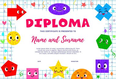 Matematik şekilli karakterli çocuk diploması. Matematik ve geometri eğitiminin okul ve anaokulu vektör sertifikası. Şirin renk karesi, dairesi, oval kişilikleri olan matematik sınıfı başarı ödülü