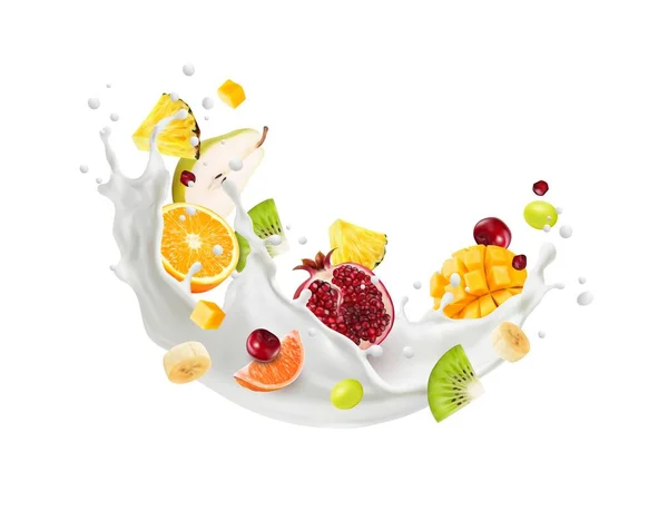 Reális Tejhullám Fröccsenés Gyümölcsök Tejes Italban Turmix Vagy Joghurt Vektor — Stock Vector