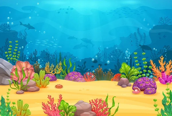 ゲームレベル サンゴ サンゴ礁 海の動物 魚が付いている漫画 イルカ 海のカメ 青い水の波の藻類が付いている水の背景の下のベクトル海 — ストックベクタ