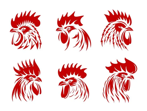 Red Rooster Cockerel Cock Head Vector Silhouettes Farm Animals Butcher — Stock Vector