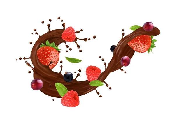 Realistic Chocolate Milk Flow Wave Splash Berries Drops Isolated Vector — Stock Vector
