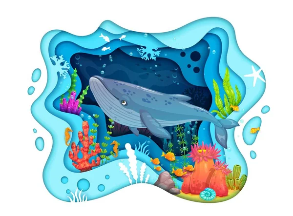 Cartoon Sea Whale Paper Cut Underwater Landscape Vector Ocean Fish — Stock Vector
