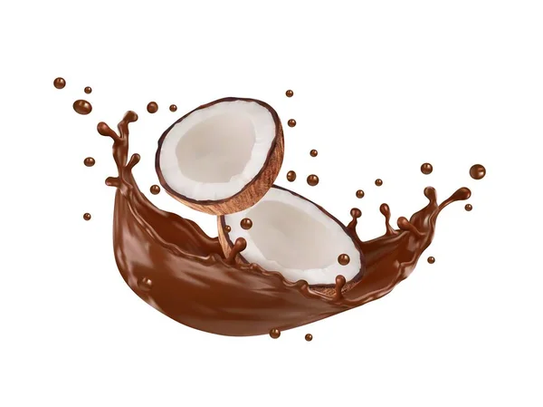 Realistické Čokoládové Mléko Kokosové Ořechy Izolované Vektorové Půlky Kokosových Ořechů — Stockový vektor