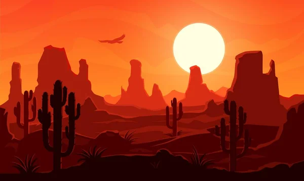 Amerikanskt Eller Mexikanskt Ökenlandskap Med Berg Och Kaktussilhuetter Desert Sunset — Stock vektor