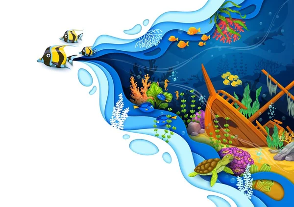 Cartoon Sea Paper Cut Underwater Landscape Sunken Ship Fishes Seaweeds — Stock Vector