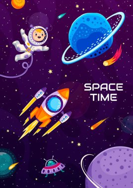 Çizgi film uzay posteri, sevimli astronot çocuk ve kozmik boşlukta süzülen roket dünya dışı varlıklarla birlikte geleceksel manzara. Bilim kurgu ve yıldızlar arası seyahat temasının taşıyıcı bayrağı