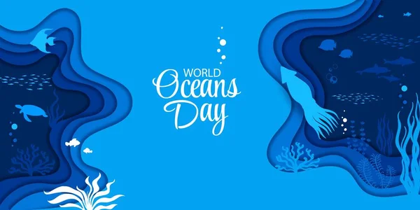 World Ocean Day Sea Paper Cut Underwater Landscape Animal Silhouettes — Stock Vector