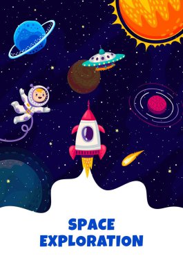Uzay keşfi posteri. Roket uzay gemisi fırlatma, çocuk astronot karakter, UFO ve gezegenli galaksi manzarası. Çizgi film vektörü komik kozmonot ya da uzay adamı yıldız gemisi ile ağırlıksız yüzer