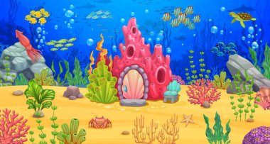 Cartoon underwater landscape for game level map with sea coral house building, animals, fish shoal and seaweeds, vector background. Ocean or undersea world game level with coral, turtle and squid clipart