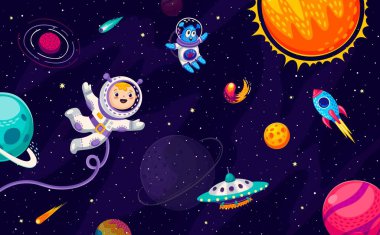 Çizgi film çocuğu astronot, uzaylı, UFO ve roket galaksi uzayında. Evrenin uçsuz bucaksız genişliğini keşfeden vektör küçük çocuk, gezegenler arasında yüzer ve uzay mekiği ya da uzay gemisi ile karşılaşır.