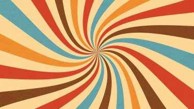 Karnaval retro güneş ışınları. Klasik arka plan düzeni, güneş ışığı patlaması. Renkli, sessiz, kırmızı, mavi, kahverengi ve bej renkli çizgili vektör sirk arkaplanı hipnotik etki yaratıyor.