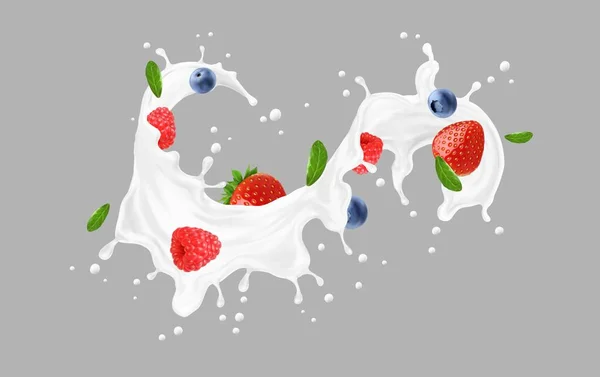 Biały Jogurt Plusk Mleka Jagody Izolowany Wektor Realistyczny Nabiał Lub — Wektor stockowy