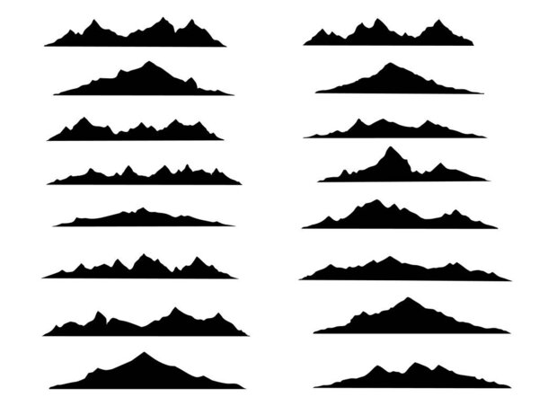 Black hill, rock and mountain silhouettes. Rocky landscape shapes. Isolated vector range of monochrome ridges. Alps with summit peaks, set of elements for adventure, rocks climbing, travel and hiking