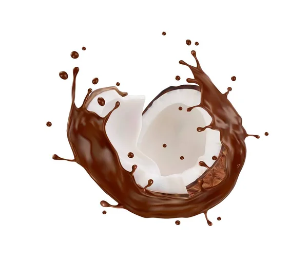 Realistische Schokoladenmilchwirbel Mit Kokosnuss Vektor Kokosnusshälfte Mit Weißem Fruchtfleisch Und — Stockvektor
