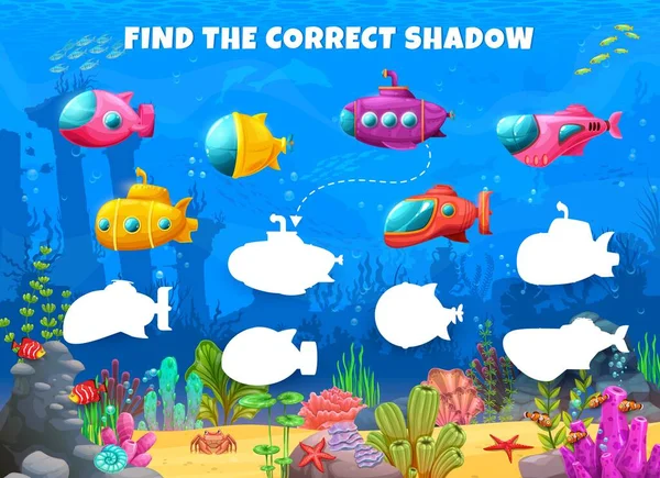 Find Correct Shadow Submarine Bathyscaphe Underwater Landscape Kids Vector Game — Stock Vector