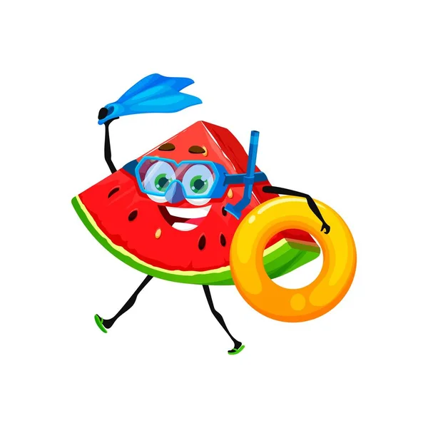 Cartoon Watermelon Character Diving Vacation Ripe Fruit Funny Personage Sweet — Stock Vector