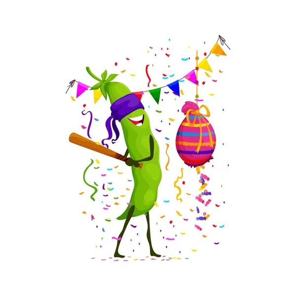 漫画大豆ポッドキャラクターは 休日や誕生日パーティーを祝います 隔離されたベクター遊び心のある緑色のエンドウ豆 閉じた目は熱心にピナタでバットを振り サプライズやトリートのバーストを予想 — ストックベクタ