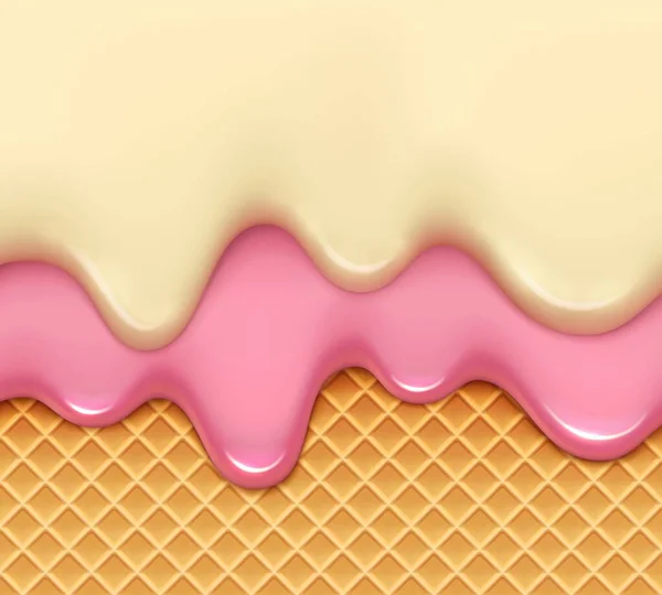 Реалистичное Плавление Клубники Ванильного Мороженого Капает Фоне Вафли Векторная Глазурь — стоковый вектор
