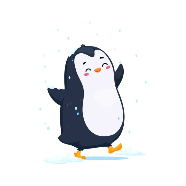 Cartoon Niedlichen Lustigen Pinguin Figur Freudig Umarmt Den Schneefall Und — Stockvektor