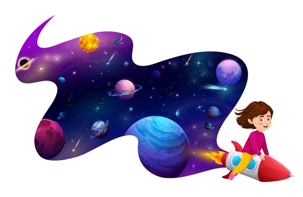 Cartoon Kid Girl Flying Rocket Space Landscape Background Happy Vector — Stock Vector