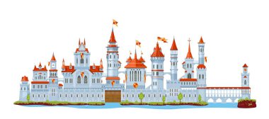 Ortaçağ kale duvarı ve sarayı, kapı, kule ve kule, köprü ve kale, vektör antik mimari. Peri prensesi ya da kralın, kraliyet kalesinin, kalenin ve sarayın karikatür güçlendirilmiş evi.