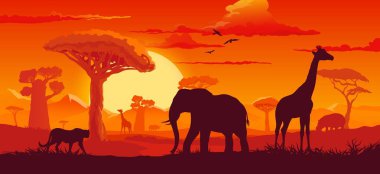 Safari hayvanları siluetleriyle Afrika gün batımı manzarası. Fil, zürafa, su aygırı ve çitaya sahip vektör arkaplan. Alacakaranlık savan manzarası. Kızıl gökyüzündeki kuşlar, güneş ve bitki gölgeleri.