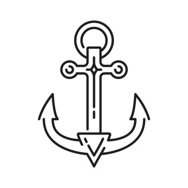 Denizci yelkenli gemisi ana hat ikonu. Denizcilik yatı ağır ekipman hattı ikonu, donanma gemisi demir kancası ya da yat klubü metal çapası, deniz yolculuğu vektör piktogramı ya da sembol