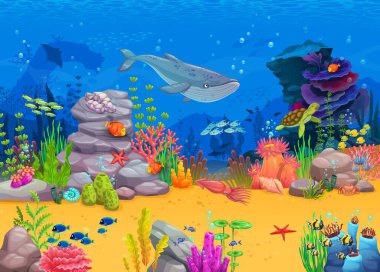 Oyun seviyesi, balina, balık, kaplumbağa ve yosunlu karikatür sualtı manzarası, vektör arkaplan. Oyun seviyesi için mürekkep balığı, denizyıldızı ve deniz kabuğu içeren okyanus ya da deniz altı mercan resifi manzarası