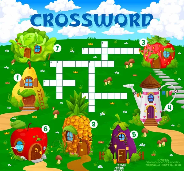 Crossword Quiz Game Cartoon Fairytale Houses Village Vector Worksheet Grid — Stock Vector