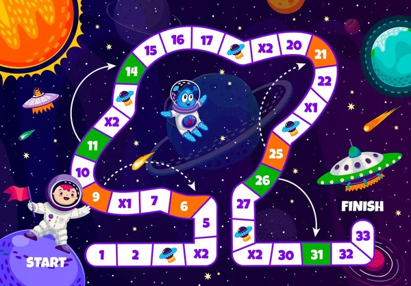 Kids Board Game Cartoon Astronaut Alien Spaceship Galaxy Space Planets — Stock Vector