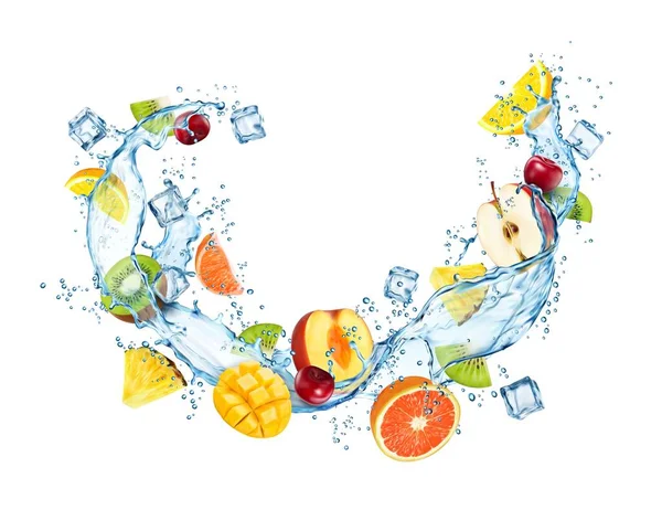 Κύμα Στροβιλισμού Νερού Πλημμυρίζει Φρούτα Καθαρό Υγρό Διάφανο Νερό Μπλε — Διανυσματικό Αρχείο