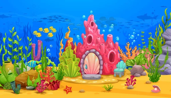 Cartoon Korallenriffhaus Und Unterwasser Meereslandschaft Vektor Fantasie Hintergrund Mit Meerjungfrau — Stockvektor