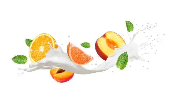Реалистичное Молоко Напиток Волна Всплеск Фруктами Йогурта Молочных Напитков Векторного — стоковый вектор