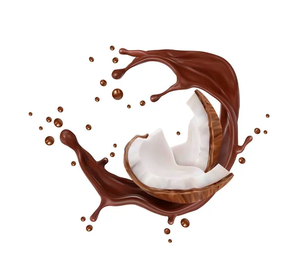 Realistische Chocolademelk Splash Met Kokosnoot Zoet Dessert Choco Drink Vector — Stockvector