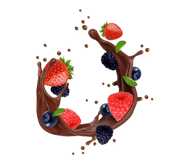 Salpicos Leite Chocolate Realista Com Frutas Silvestres Gotas Choco Bebida —  Vetores de Stock