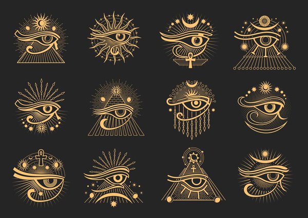 Horus eye. Egyptian occult and esoteric magic symbols. Horus eye astrology symbol, witchcraft ritual signs set. Egyptian god all seeing eye occult or alchemy vector seal with ankh, pyramid and moon