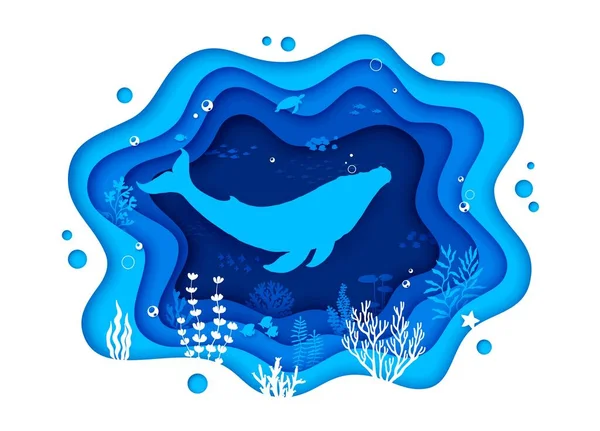 Sea Paper Cut Banner Whale Silhouette Underwater Landscape Ocean Water — Stock Vector